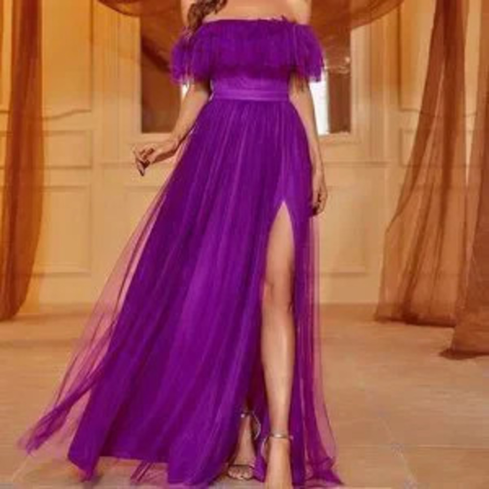 Purple Preppy Womens Off Shoulder Ruffle Trim Split Thigh Mesh Dress